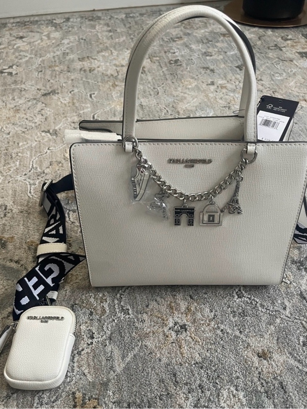 NWT Karl Lagerfeld Zaylia Satchel Cream Ivory Leather Charm Chain Handbag
